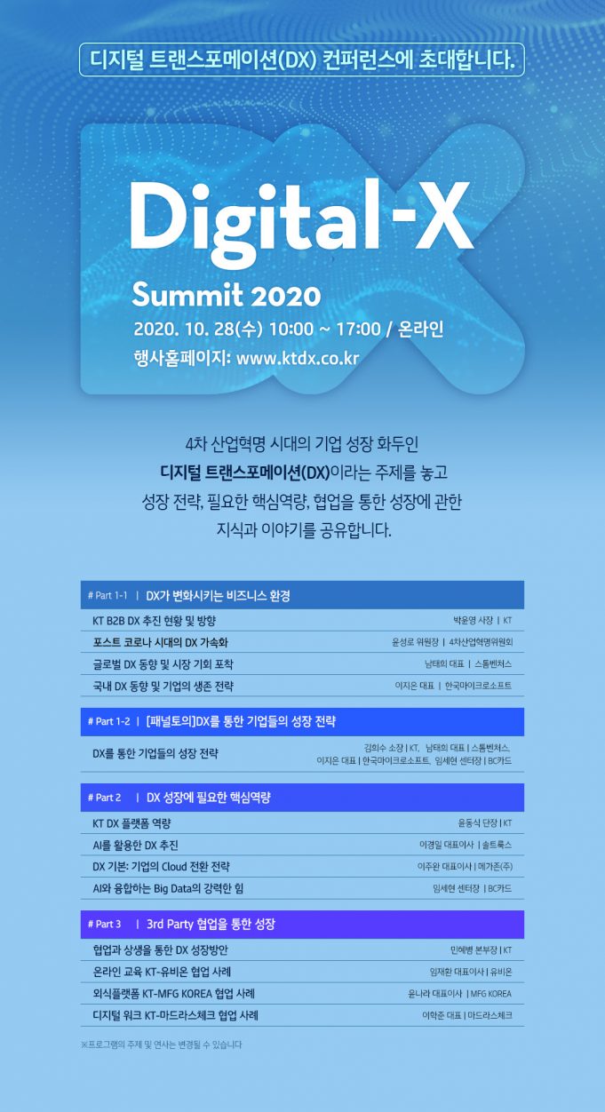새로운 기술에 의한 ‘디지털 전환’…KT ‘Digital-X Summit 2020’ 개최 국내외 전문가들과 디지털 전환에 대한 인사이트 공유의 장 마련